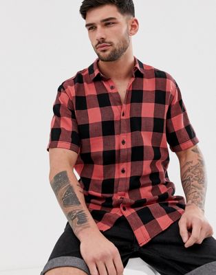 Only & Sons - Geruit overhemd met korte mouwen in rood en zwart