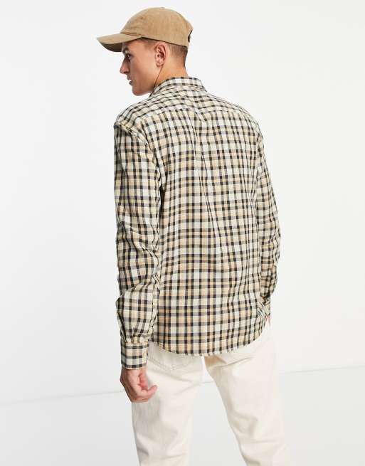 Only & Sons - Geruit overhemd met textuur en geknoopte borstzak in beige, 4 van 4