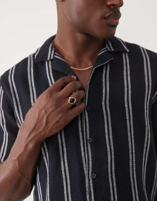 ONLY & SONS - Gestreept overhemd met reverskraag en textuur in marineblauw, 3 van 7