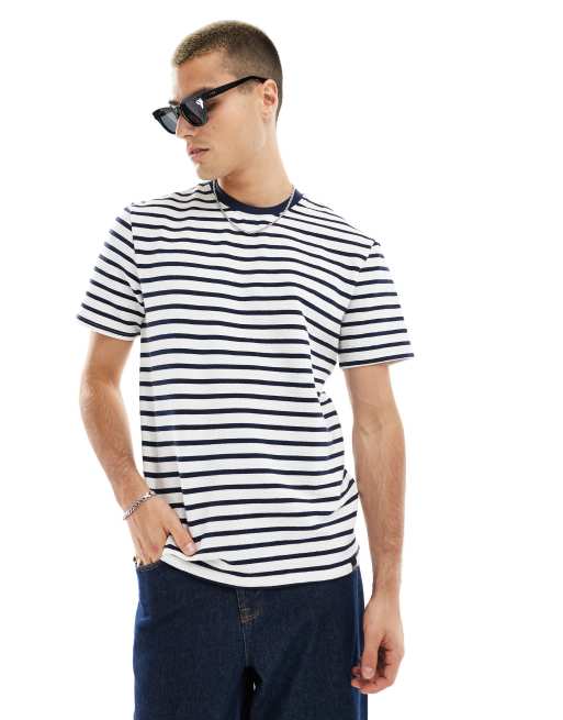 Only Sons Gestreept regular fit T shirt van seersucker in wit en zwart ASOS