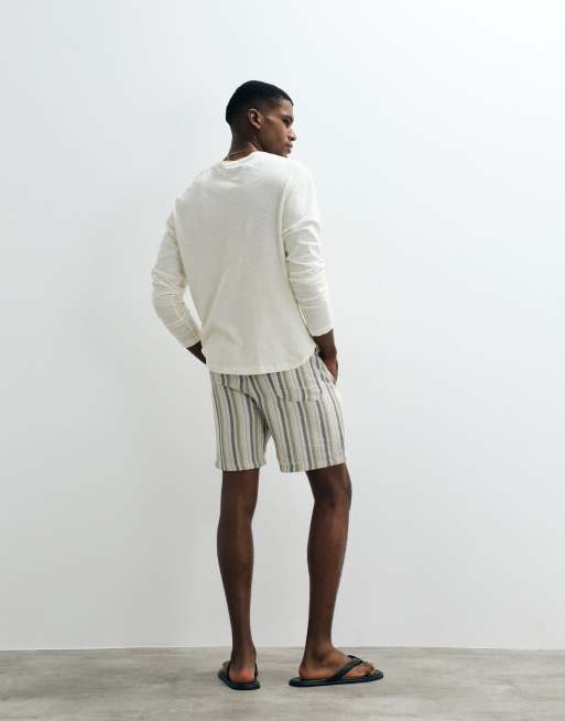 ONLY & Sons - Gestreepte shorts met gestrikte taille in crème en saliegroen, 2 van 5