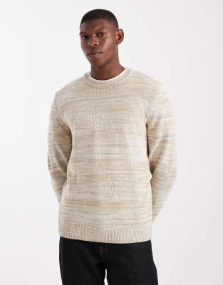 SONS - Gestreifter Strickpullover in meliertem Stein mit Rundhalsausschnitt-Weiß Weiß M