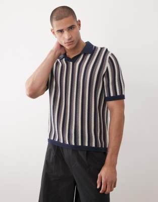 SONS - Gestreiftes Relaxed-Fit-Polohemd aus Strick in Beige und Blau mit geteiltem Ausschnitt Blau 2XL