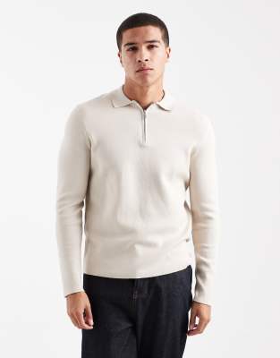 SONS - Gestricktes Polo-Oberteil in Steinbeige mit kurzem Reißverschluss-Weiß Weiß XL