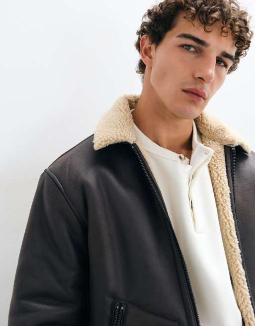 ONLY & SONS giacca aviatore in pelle sintetica con colletto teddy color cioccolato, 1 di 9