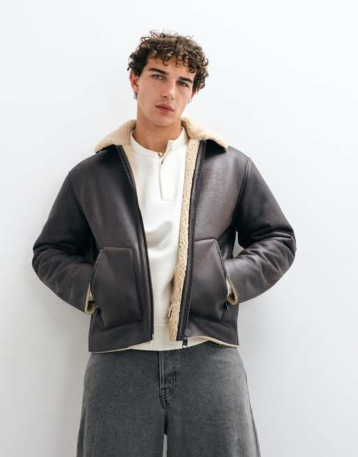 ONLY & SONS giacca aviatore in pelle sintetica con colletto teddy color cioccolato, 3 di 9