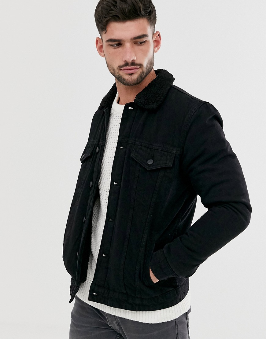 Only & Sons - Giacca di jeans nera con fodera in pile borg-Nero