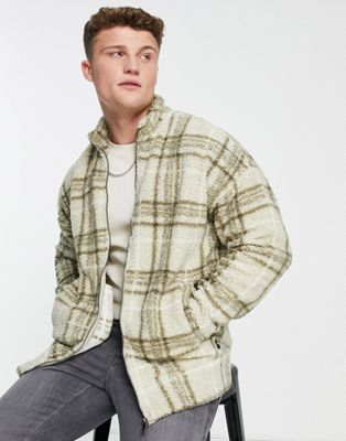 Only & Sons check teddy zip up jacket in beige - ASOS Price Checker