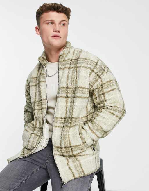 Only & Sons - Giacca in pile borg beige a quadri con cerniera lampo
