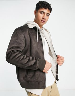 Only & Sons faux suede aviator jacket with borg lining in brown  - ASOS Price Checker