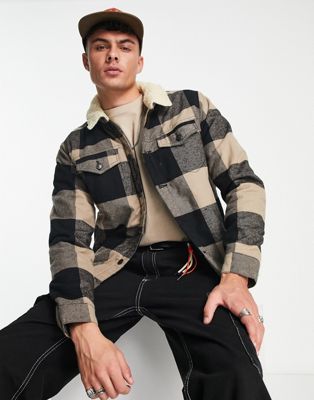 Only & Sons trucker jacket with borg lining in beige check  - ASOS Price Checker