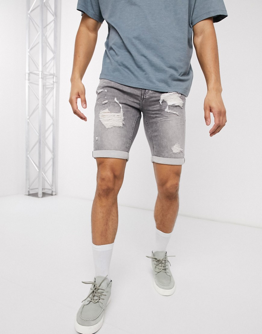 Only & Sons – Grå jeansshorts med smal passform och slitna detaljer