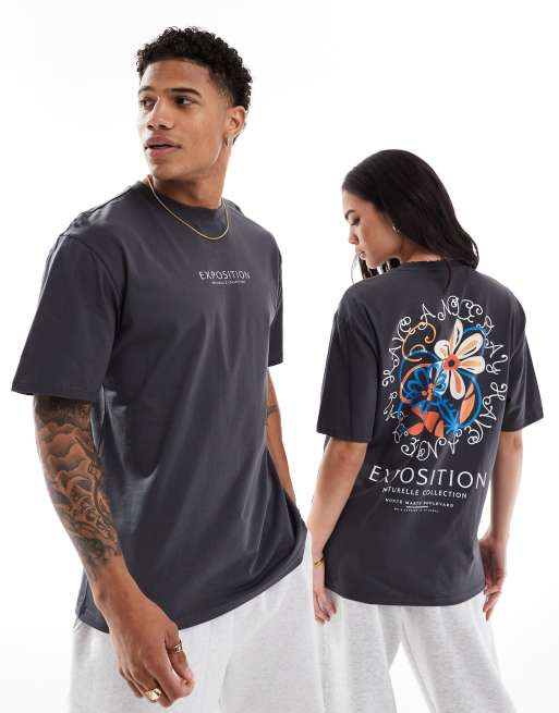 ONLY & SONS – Grafitowy T-shirt oversize z nadrukiem z napisem „Exposition