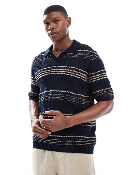 ONLY & SONS relaxed fit open knit polo in navy stripe