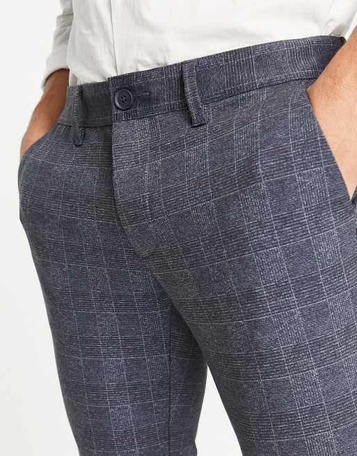 Only & Sons – Granatowe dopasowane spodnie dżersejowe w kratę, 3 z 4