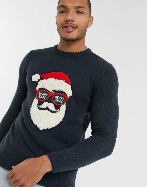 Only & Sons – Granatowy świąteczn sweter z flokowanym motywem św. Mikołaja