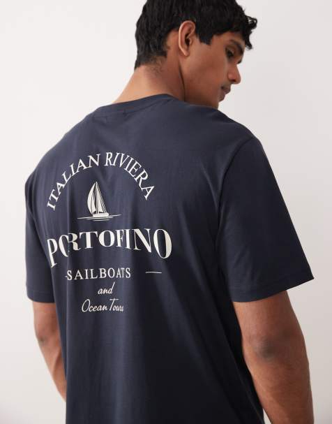 ONLY & SONS – Granatowy T-shirt oversize z nadrukiem Portofino na plecach - view 1