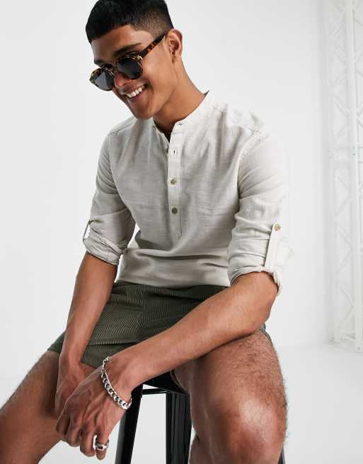 Only & Sons grandad collar overhead linen mix shirt in beige | ASOS