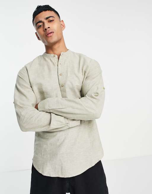 Linen Blend Grandad Collar Shirt