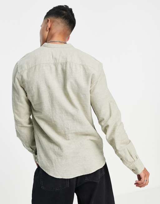 Only & Sons grandad collar overhead linen mix shirt in khaki green, 2 of 4
