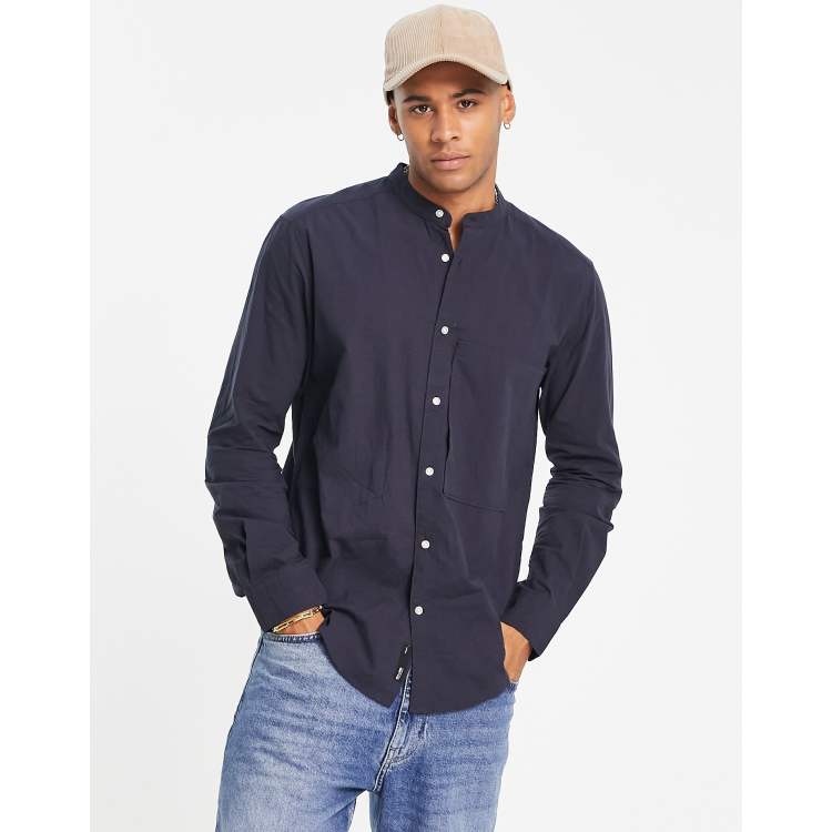 Buy Navy Blue Band Collar Shirt