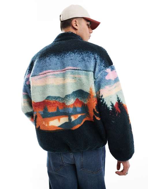 Only & Sons - Grøn fleece-trøje med gennemgående lynlås og landskabsprint, 4 af 4