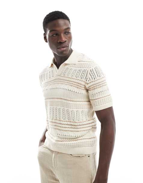 ONLY & SONS – Grobmaschiges Relaxed Fit Polohemd in Beige mit Streifen - view 1