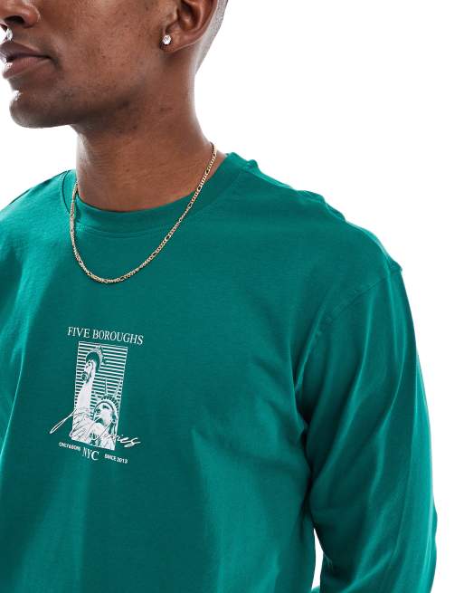 Only & Sons – Grön, avslappnad t-shirt med långa ärmar och NYC-tryck, 3 av 4