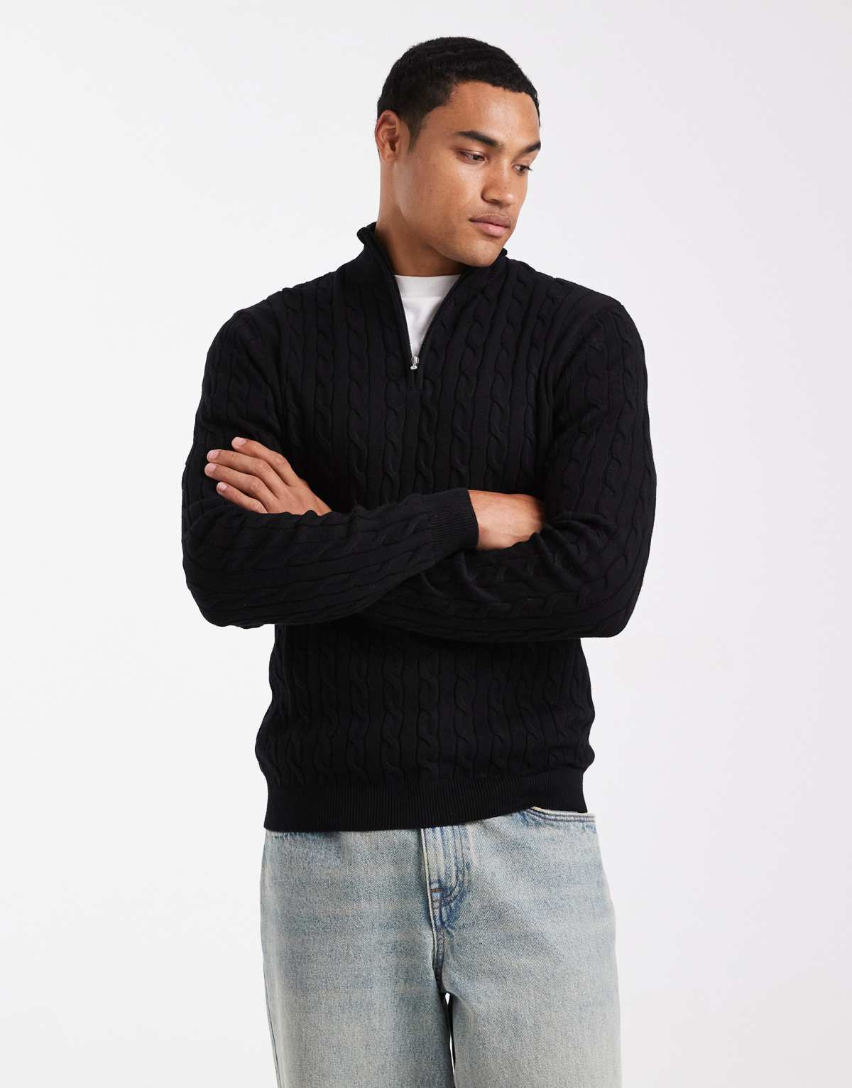 ONLY & SONS half zip cable knit jumper in black