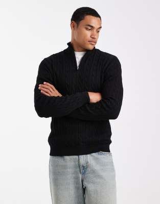 Only & Sons Half Zip Cable Knit Sweater In Black