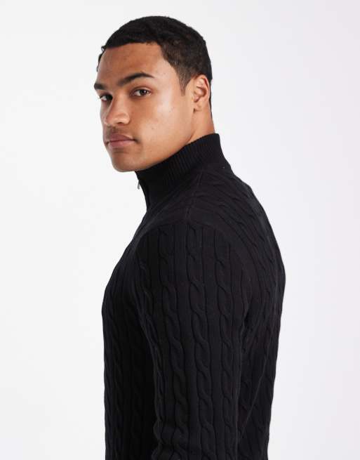 ONLY & SONS half zip cable knit sweater in black , 4 of 5
