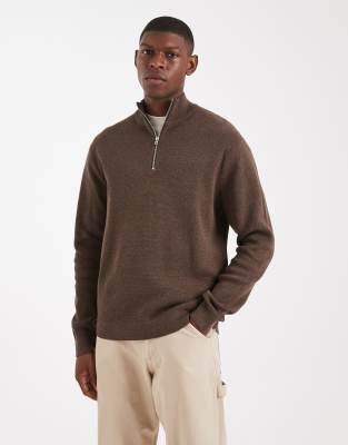 Only & Sons Half Zip Knit Sweater In Brown