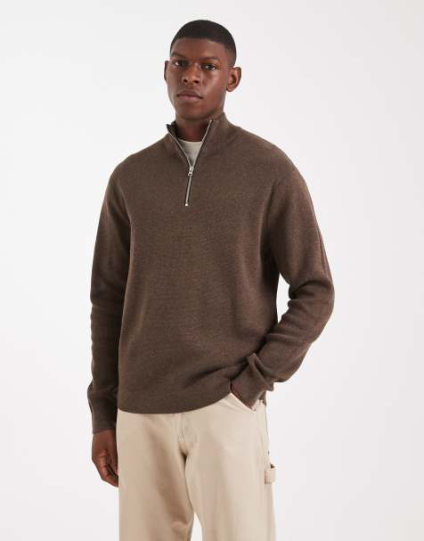 ONLY & SONS half zip knitted jumper in brown