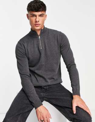 Only & Sons Half Zip Knitted Sweater In Light Gray Heather