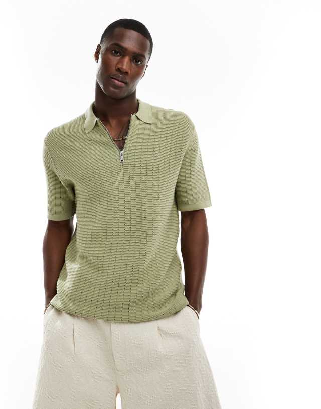 ONLY & SONS - half zip open knit polo in sage green