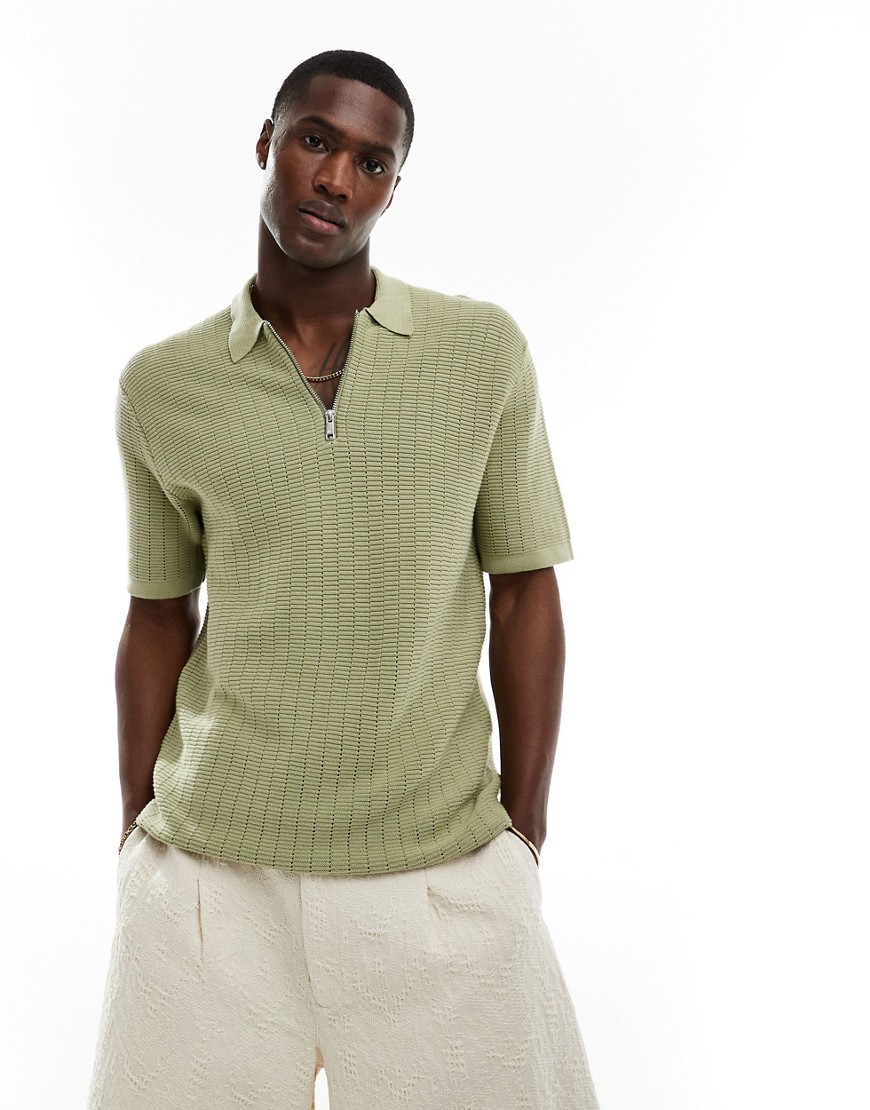 Only & Sons Half Zip Open Knit Polo Shirt In Sage Green
