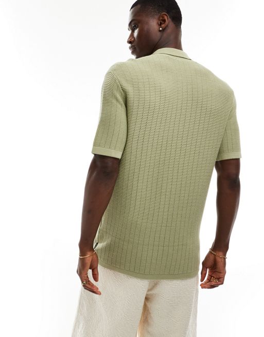 ONLY & SONS half zip open knit polo shirt in sage green