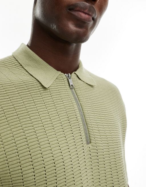 ONLY & SONS half zip open knit polo shirt in sage green