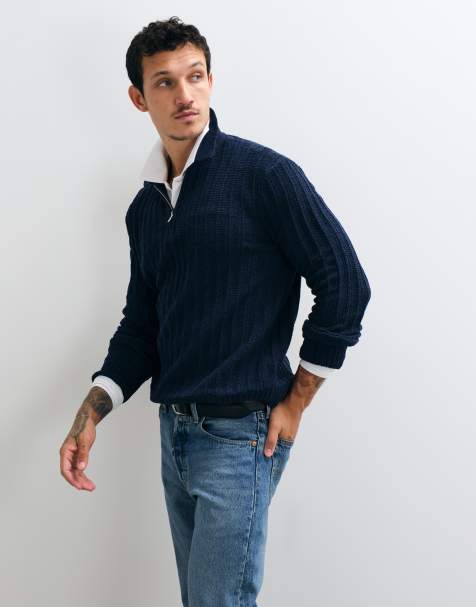 ONLY & SONS half zip ribbed knitted polo in dark navy - view 1