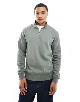 ONLY & SONS half zip sweat in dark sage-Green
