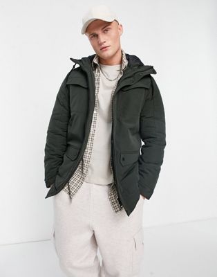 Only & Sons heavy hooded parka jacket in khaki