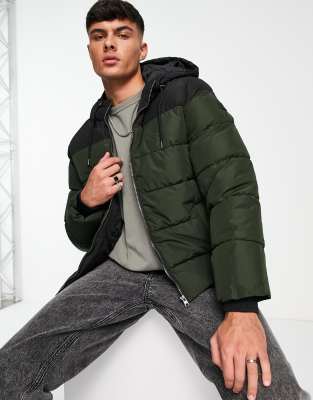 Only & Sons Heavy Weight Hooded Puffer Jacket In Black And Khaki-navy