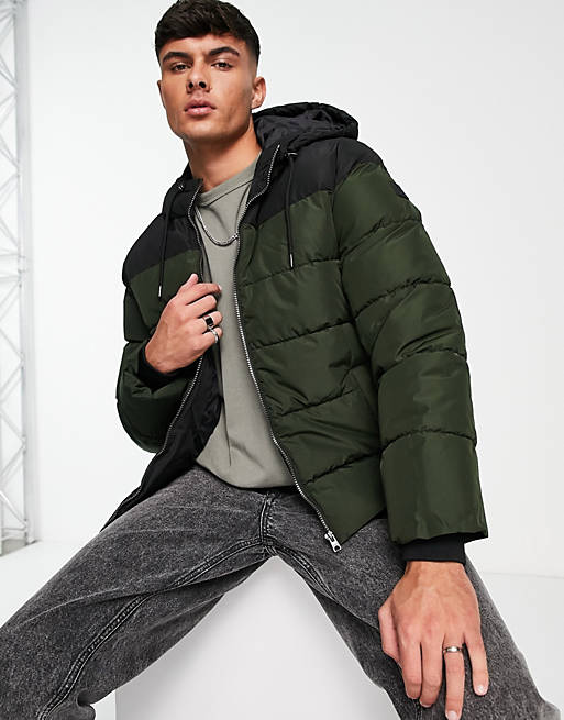 ONLY & SONS heavy weight hooded puffer jacket in black and khaki | ASOS
