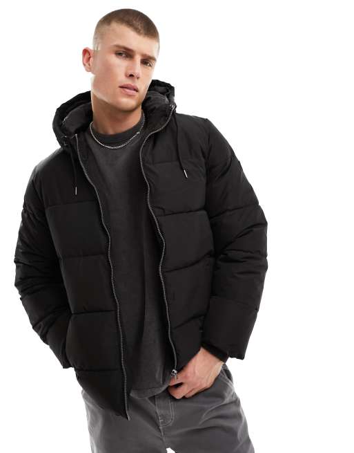 Only Sons heavy weight hooded puffer jacket in black