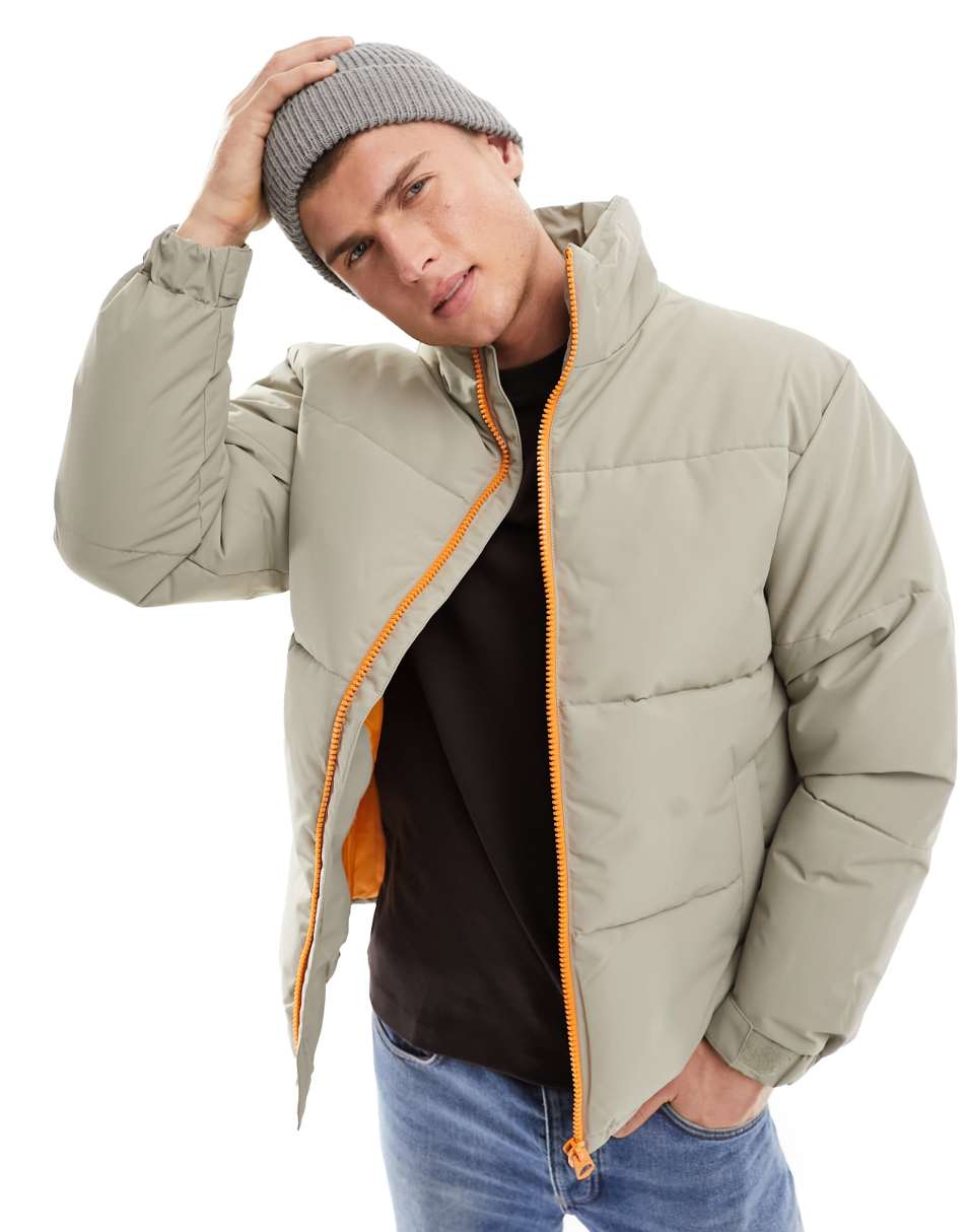Only & Sons heavyweight boxy cropped puffer jacket in beige