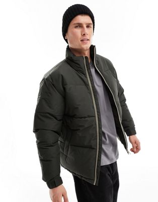 ONLY & SONS heavyweight boxy cropped puffer jacket in dark khaki