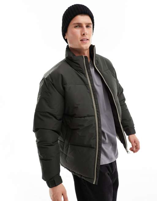 Only & Sons heavyweight boxy cropped puffer jacket in dark khaki