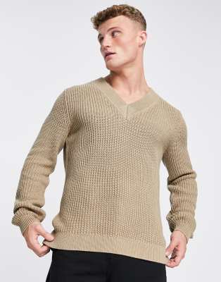 Only & Sons heavyweight knit v neck sweater in beige 