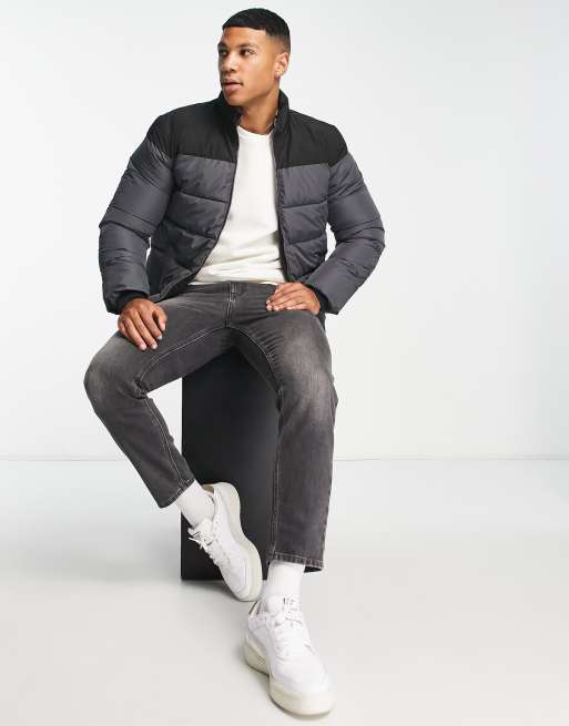 Only & Sons heavyweight puffer jacket in black and gray color block