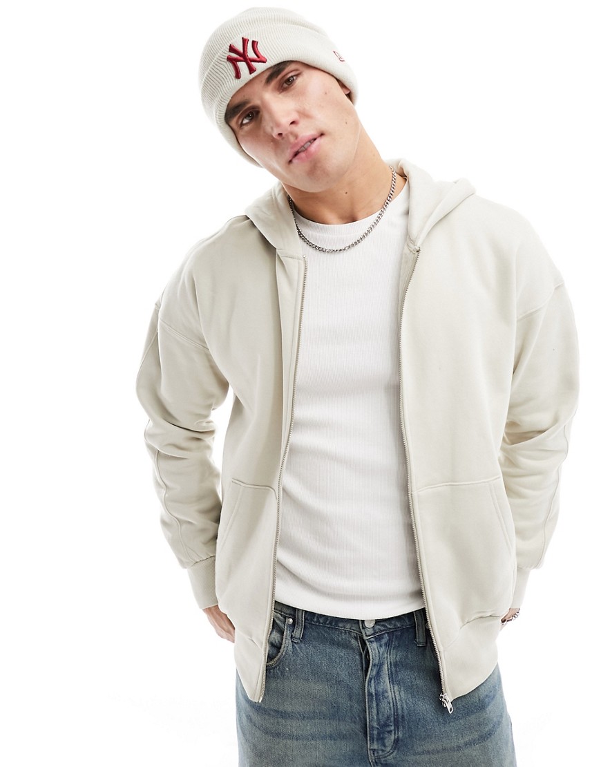 ONLY & SONS heavyweight zip through hoodie in stone-Neutral